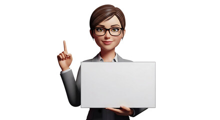 A smiling cartoon business man and woman wearing glasses and a suit holds a blank whiteboard and raises her index finger in a gesture of explanation isolated on white background