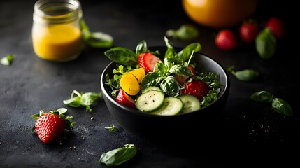 Summer salad with uniquely shaped cucumbers, fragrant strawberries, microgreens, and dressing made with farm-grown basil.