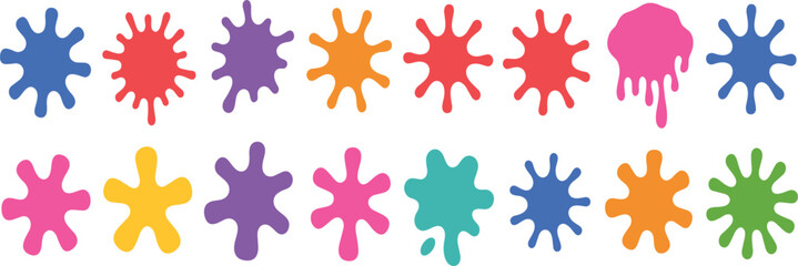 Colorful paint splatter icon set, abstract drip shapes, vibrant splash design, creative art elements, messy brush illustration