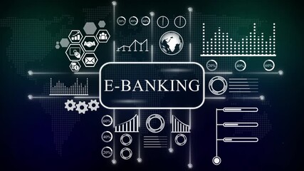 E- BANKING digital interface with financial icons and charts. world map, Internet infrastructure concept map Abstract technology background - Powered by Adobe