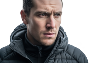 A close-up portrait of a man with a serious expression, wearing a black jacket, face, jacket, man, portrait, pose, stare, wear 