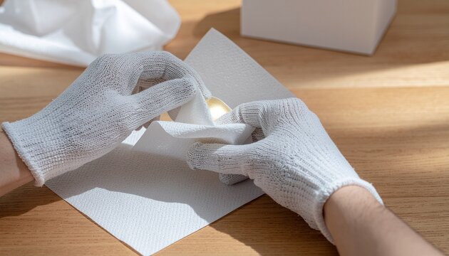 Careful hands in gloves gently clean and polish precious gold object on tissue, perfect for quality assurance or luxury brands advertising precision