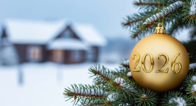 Golden christmas ornament with year 2026 on fir tree with snowy background
