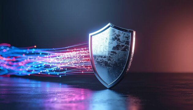 Safeguard your digital world with robust data protection solutions, secured with cybersecurity shield and glowing data stream in vibrant modern design - Powered by Adobe