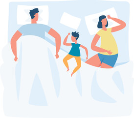 Family sleeping comfortably in bed, child between parents