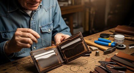 Skilled artisan's hands meticulously hand-stitching a bespoke brown leather wallet on a traditional workbench, surrounded by crafting tools and raw...