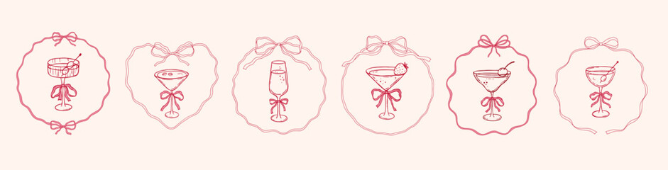 Hand drawn cocktails with bow, bachelorette whimsical frame , pink vector illustrations set
