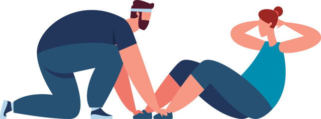 Personal trainer helping woman doing sit ups exercise