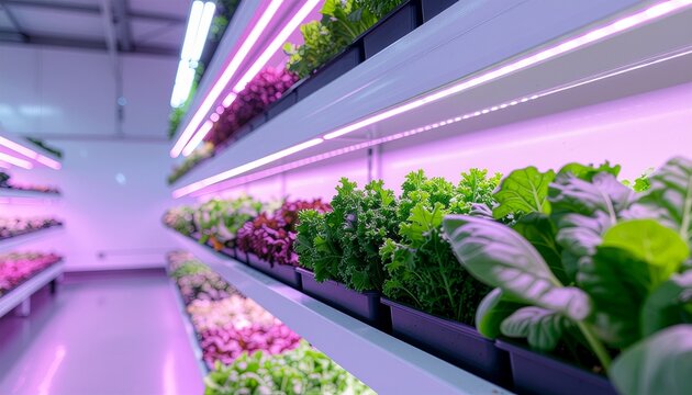 Innovative vertical farm thriving under vibrant LED lights, perfect for sustainable agriculture campaigns and modern farming technology promotions everywhere