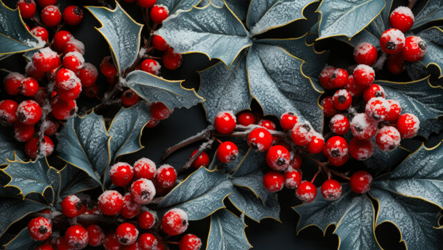 Bright Red Holly Berries and Green Leaves Covered in Frost in a Winter Setting - Powered by Adobe