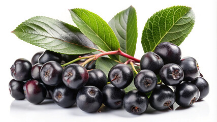 Pile of fresh ripe aronia berries with green leaves on white