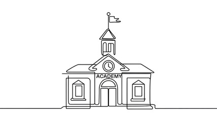 Single continuous line drawing of old academy building classic education architecture with clock and flag minimalist design vector illustration concept