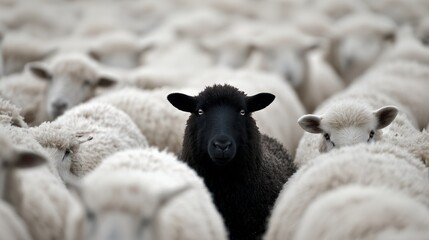 Close-up portrait of a black sheep standing out amongst a flock of white sheep. Concept for leadership, individuality and difference