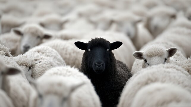 Close-up portrait of a black sheep standing out amongst a flock of white sheep. Concept for leadership, individuality and difference - Powered by Adobe