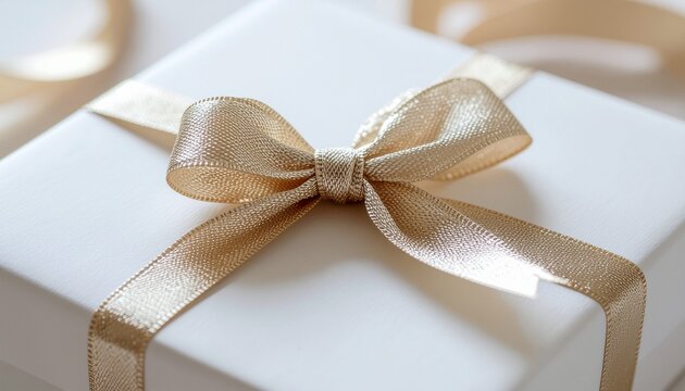 Elegant white gift box with a shimmering gold ribbon tie, perfect for celebrating special occasions with a touch of luxury and sophistication