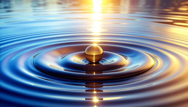 Golden sphere creates calming ripples on a reflective water surface at sunset, evoking tranquility and balance for mindfulness and wellness concepts - Powered by Adobe