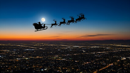 Santa Claus flying in his sleigh with reindeer over a city at sunset