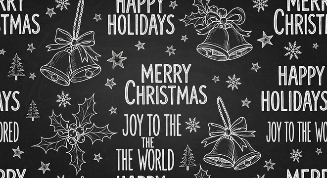 Festive chalkboard pattern featuring hand-drawn Christmas elements and holiday greetings, ideal for seasonal backgrounds and joyous celebrations