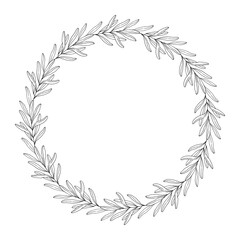 Floral wreath of leaves, wild herbs, twigs and branches. Botanical frame, black outline, isolated on white. Round sketch garland for wedding decoration and design projects. Vector illustration