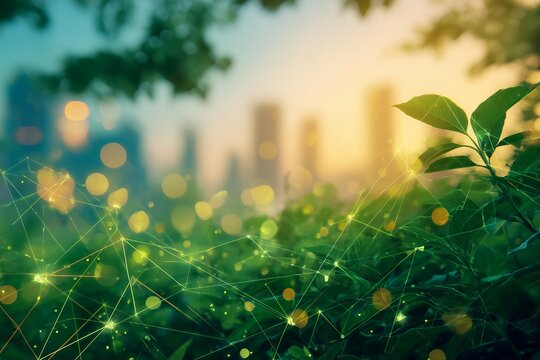 Green foliage with digital network overlay against city skyline in soft light. Concept for urban technology, smart city connectivity and eco-friendly innovation