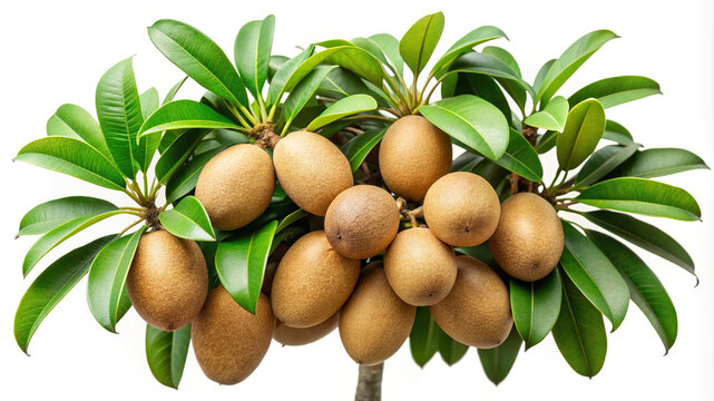 Tropical sapodilla fruits on a tree with vibrant green leaves