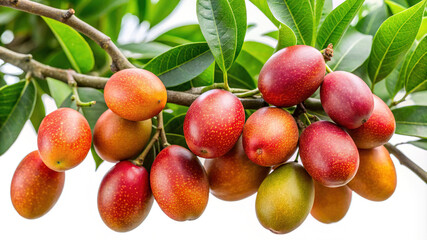 Obraz premium Cluster of ripe colorful fruits on a branch with green leaves