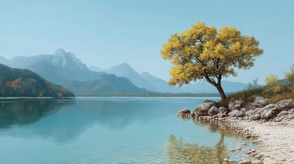Sunny Lakeside Landscape with Yellow Tree and Mountain Reflection for Nature Art Print Travel Decor and Calming Wall Interior
