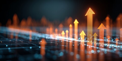 Abstract glowing orange arrows pointing upwards on a dark background with bokeh effect. Concept for financial growth, business success and stock market