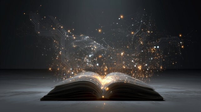 Open book with shining lights and circuit board pattern on dark background. Concept for knowledge, learning and innovation
