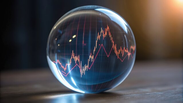 A glass sphere reflecting stock market data and graphs, symbolizing finance and analysis in a modern business context.