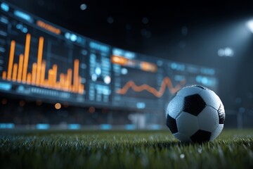 Close-up of a soccer ball on green grass with sports data displayed, illuminating the night scene. Concept for sports betting strategy, financial analysis and market trends