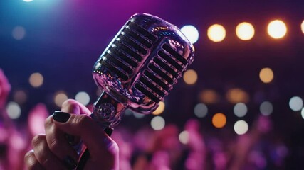 A performer's hand holding a classic vintage microphone on stage during a live concert with colorful bokeh lights. - Powered by Adobe