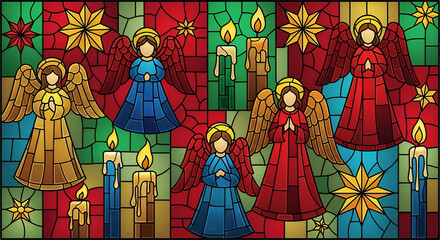 Stained glass artwork featuring a choir of serene angels with glowing candles and sparkling stars, creating a festive and spiritual ambiance perfect for holiday decorations and celebrations