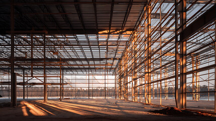 Partially constructed warehouse with skeletal framework visible