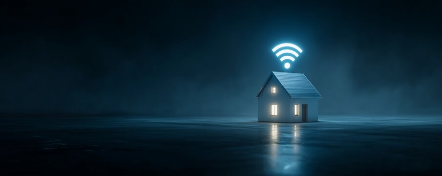 Small house illuminated with a glowing wifi symbol above it in the dark. Concept for smart home automation, home security and modern technology
