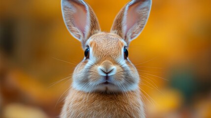 A charming rabbit stands still, eyes bright, in a colorful forest of vibrant autumn leaves