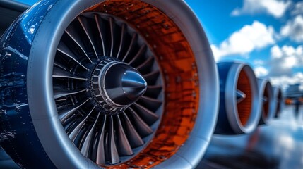 Detailed view of a powerful jet engine reveals the complex mechanics and vibrant colors under a clear blue sky