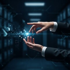 Hands interacting with digital technology in a futuristic environment.