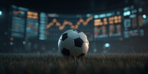 Naklejka premium Soccer ball on field at night with glowing data board showing trends, betting odds. Concept for sports gambling, financial forecast and game statistics