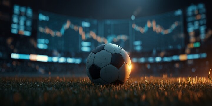 Close-up of soccer ball on green grass, stock market data shown in background. Concept for sports business, financial investment and trading strategy - Powered by Adobe