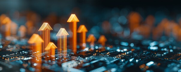 Glowing orange arrows pointing upward on a blurry circuit board background, concept for data analysis, business growth and technological advancement
