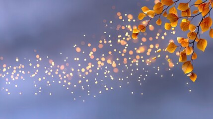 Autumn leaves in warm orange hues are in the upper right corner, with a scattering of golden bokeh lights flowing across a soft blue background.