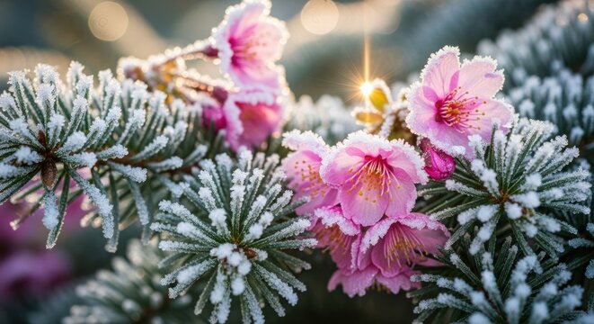 Frosted pine needles and vibrant pink blossoms bathed in sunlight