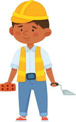 Boy playing construction worker holding brick and trowel