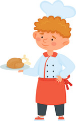 Boy chef holding plate with roasted chicken