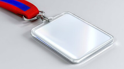 A blank, clear plastic ID badge with a red and blue striped lanyard is shown on a clean, white surface with soft lighting.