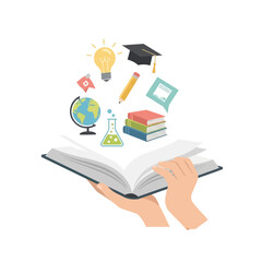 Open book with education icons floating above it, symbolizing knowledge and learning.