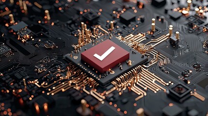 Close-up of a computer CPU chip with a red surface and a white checkmark symbol, set against a dark, intricate circuit board with glowing golden traces. The lig