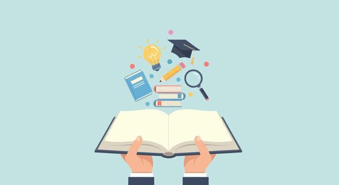 Hands holding open book with light bulb, graduation cap, books, and magnifier floating. - Powered by Adobe