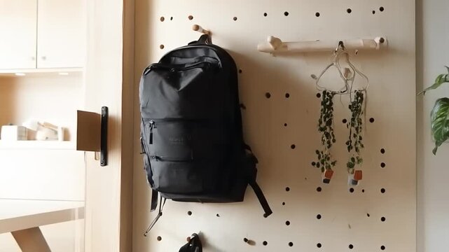 Black backpack hanging on pegboard with plants and wooden accents